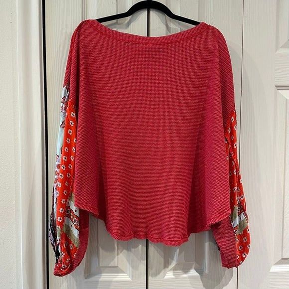 We The Free Waffle Knit Mixed Media Oversized Thermal Drapey Paisley Sleeve Top - Picture 10 of 12